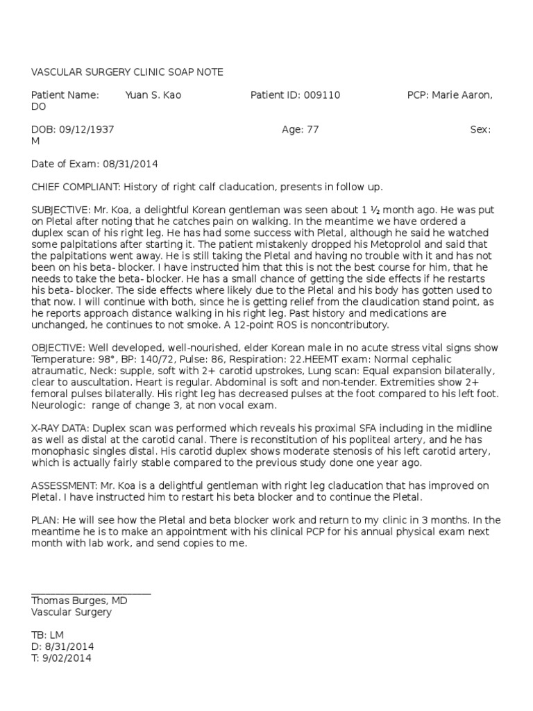 Vascular Surgery Clinic Soap Note PDF Pulse Angiology