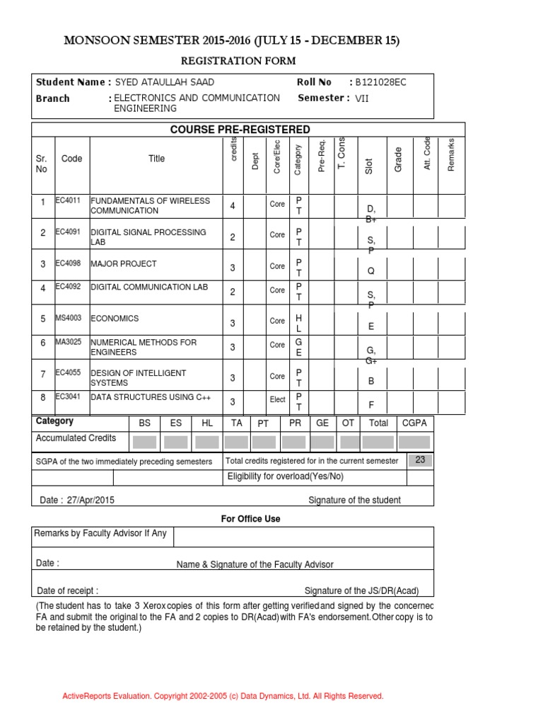 Monsoon Semester 2015-2016 (July 15 - December 15) : Registration Form ...
