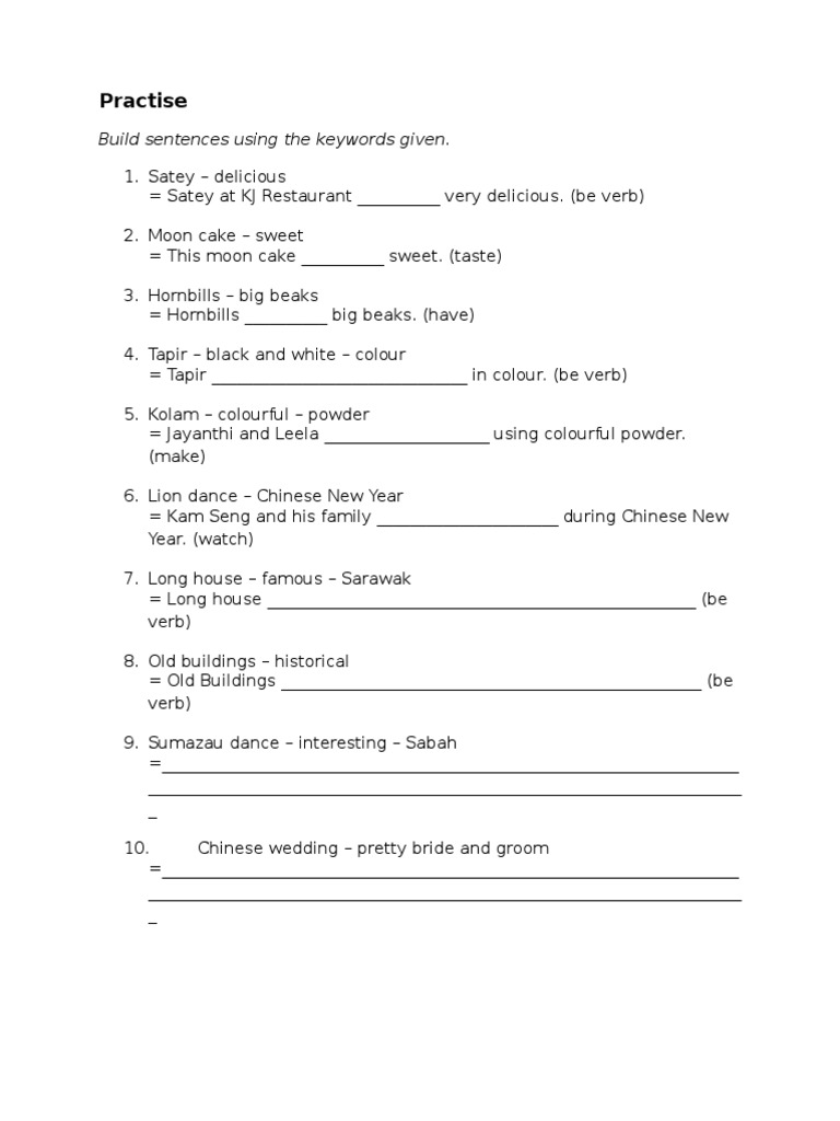Practise: Build Sentences Using The Keywords Given | PDF | Cooking ...