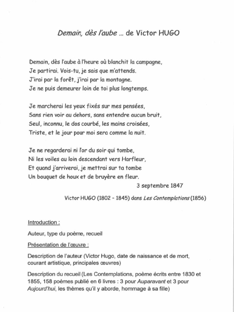 Poème Demain Dès L Aube Victor Hugo Pdf