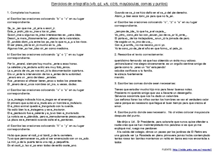 Ejercicios De Ortografia V B G J X S C Z S