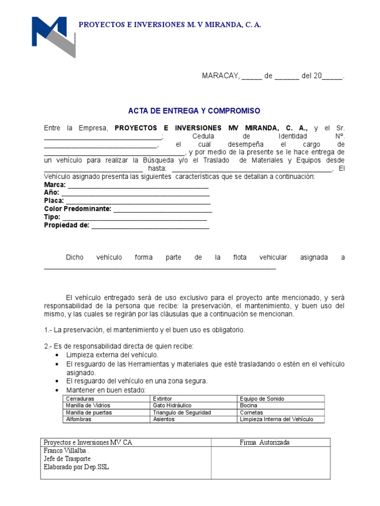 Acta de Entrega y Compromiso de Vehiculo MV (Para Los Choferes Los
