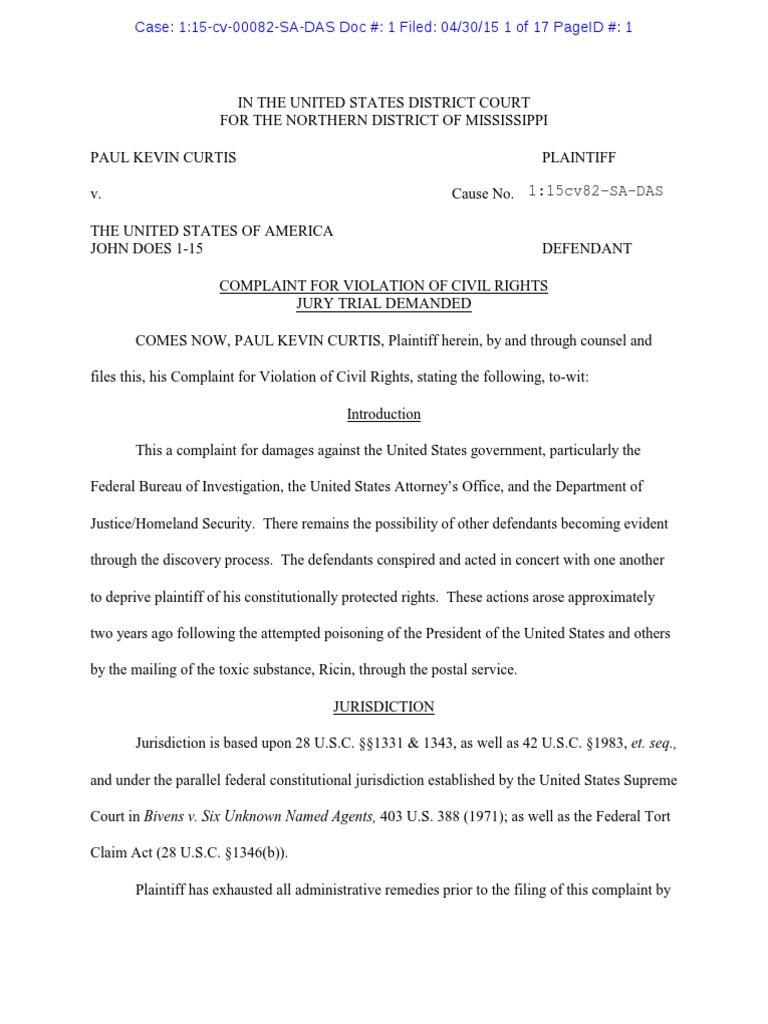 Civil Rights Violation Complaint: Curtis v. USA | PDF | Federal Bureau ...