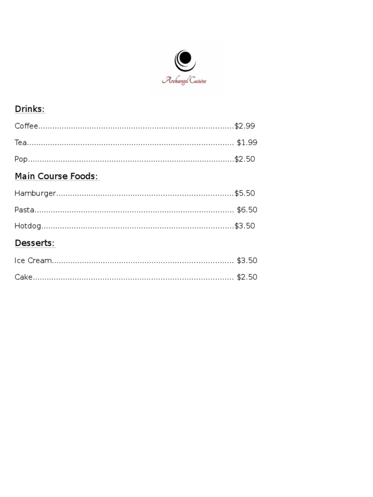 Menu Prices for Drinks and Foods | PDF