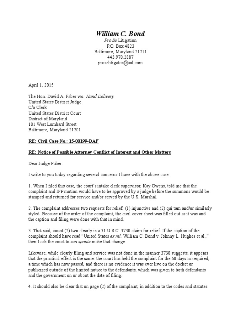 Letter To Judge Faber Re U.S. DOJ Conflicts of Interest Complaint