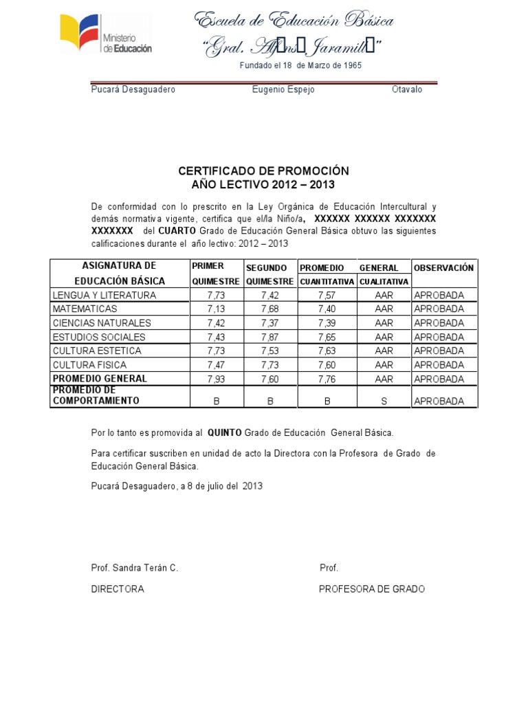 Certificado de Promoción Escolar 2013 | PDF