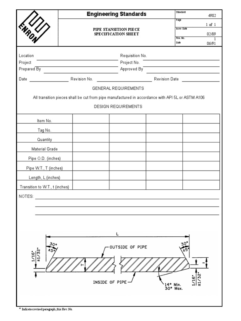 Pipe Transition Piece Specification Sheet | PDF
