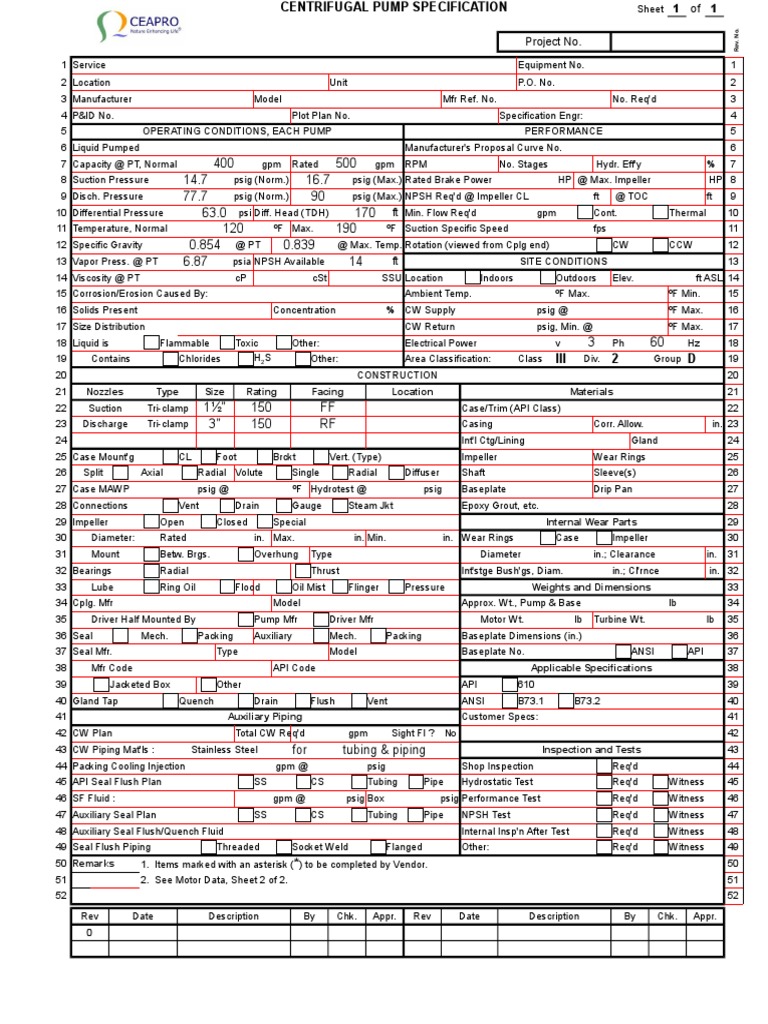 Centrifugal Pump Specifications | PDF