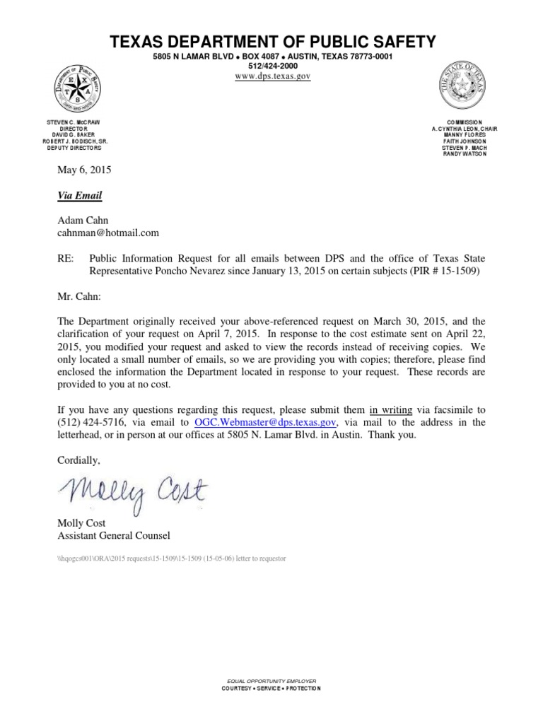 DPS Email Response to PIR 15-1509 | PDF | Politics | Social Science