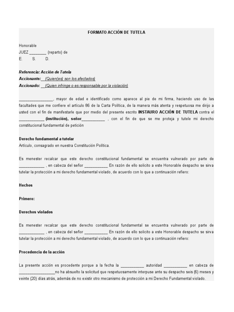 Formato de Acción de Tutela en Colombia | PDF | Dignidad | Derecho ...