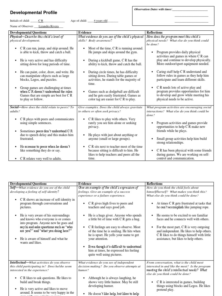 Developmental Profile for C R, Age 4 | PDF | Self Concept | Privacy