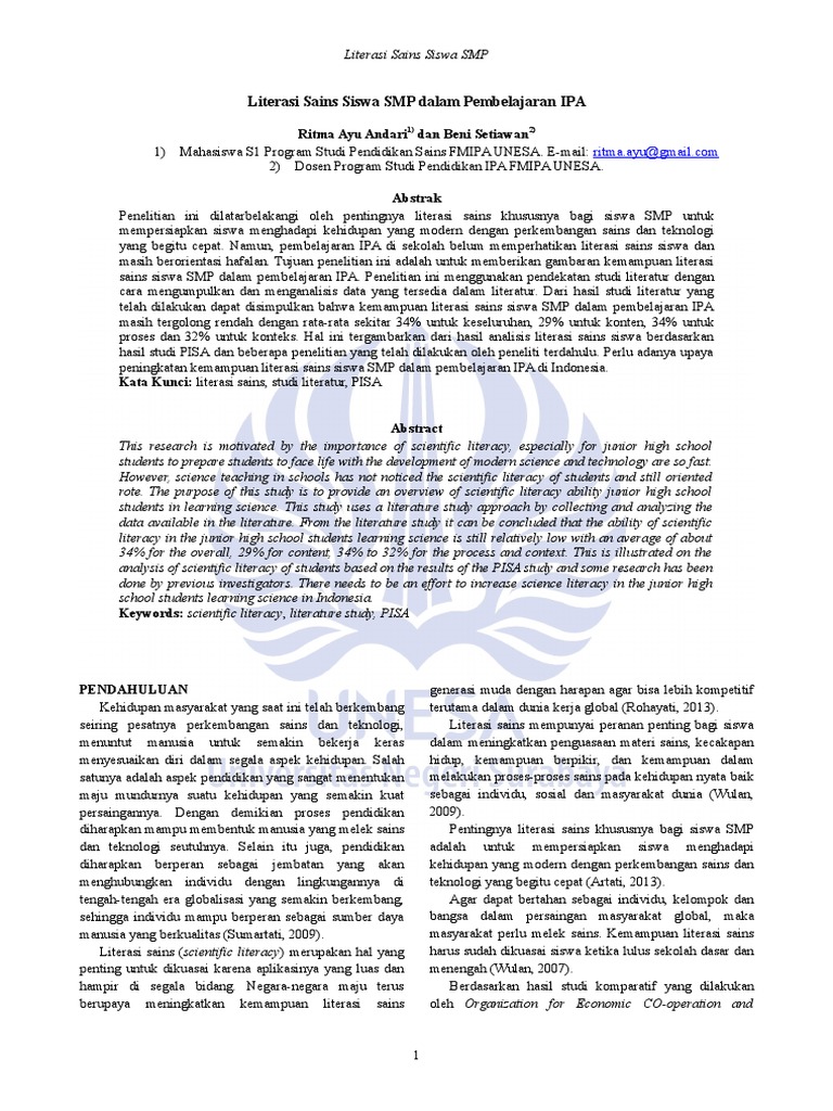 Literasi Sains Siswa Smp Dalam Pembelajaran Ipa