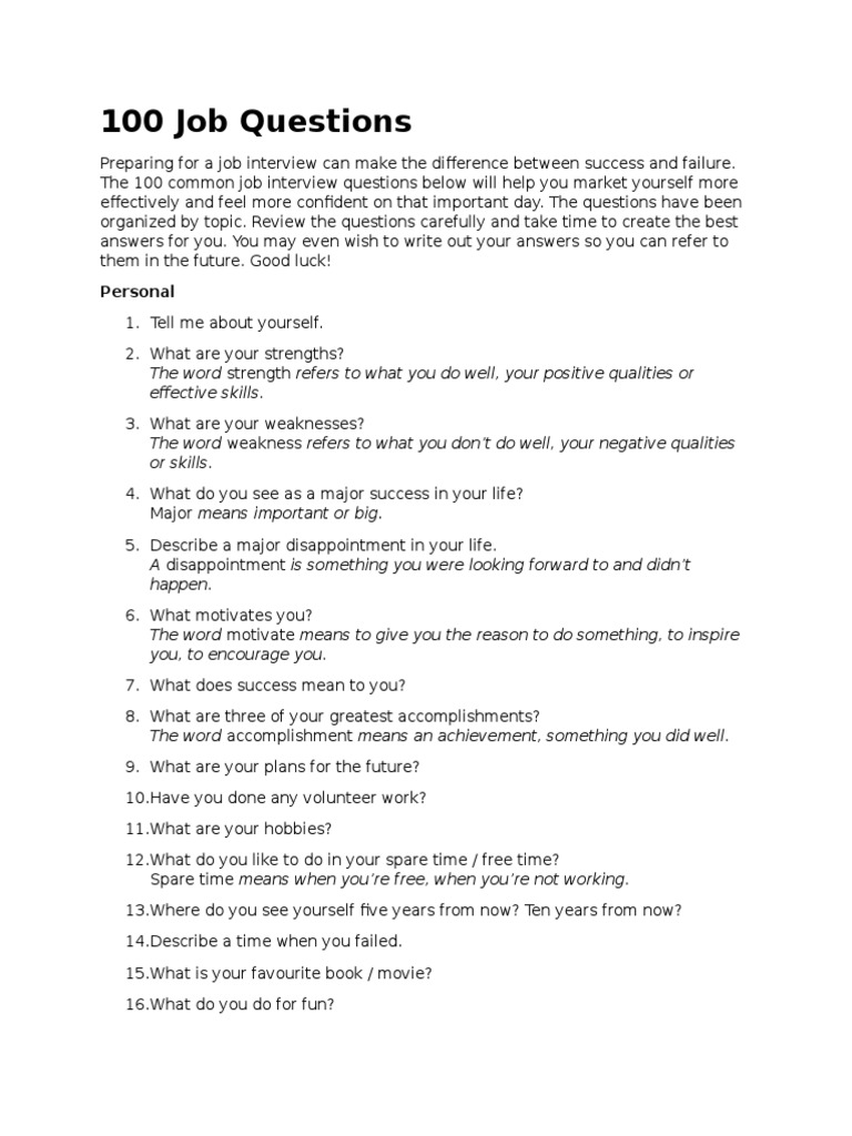 100 Job Questions Personal PDF Job Interview Salary