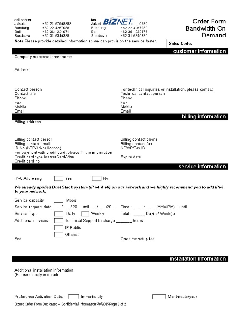 Biznet Bandwidth Order Form | PDF