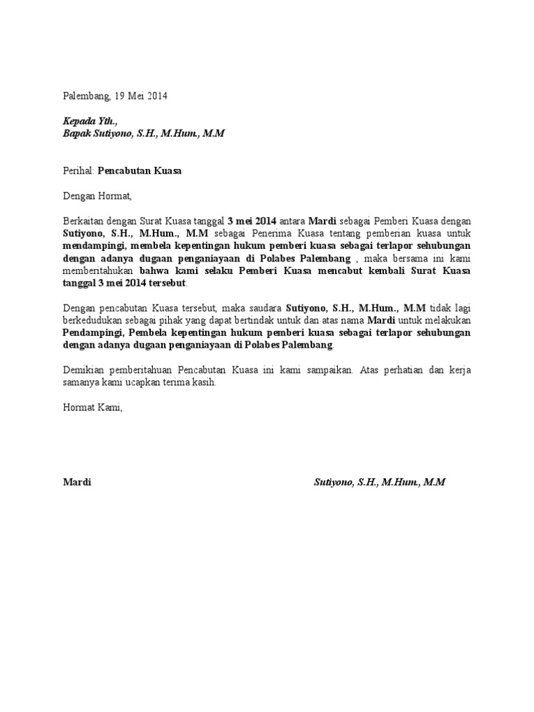Contoh Surat Pencabutan Kuasa