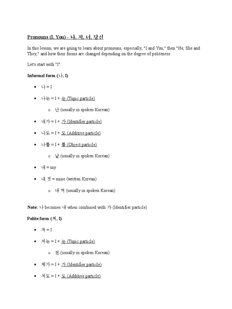 Korean Pronouns: I, You, He, She, They | PDF | Korean Language | Onomastics