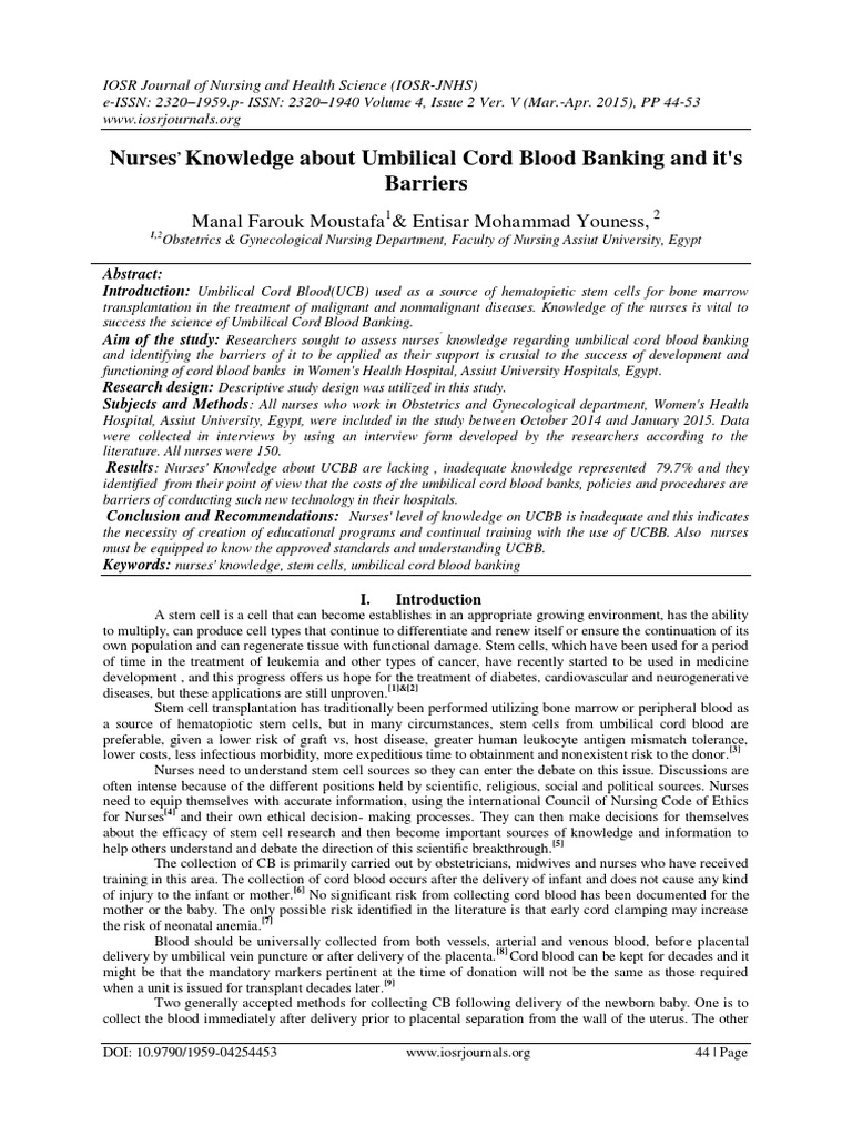 Nurses' Knowledge on Cord Blood Banking | PDF | Hematopoietic Stem Cell ...