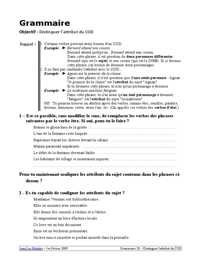 Exercice Attribut Du Sujet 6ème Avec Correction Gram 28 | PDF | Sujet (Grammaire) | Phrase