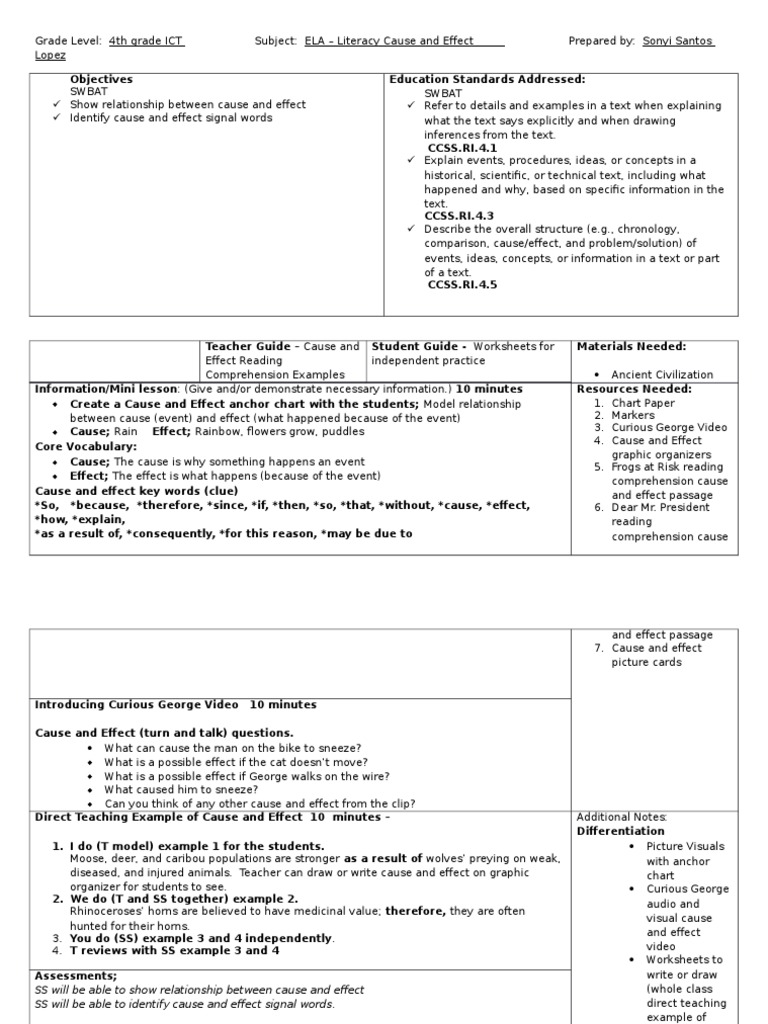 Ela Literacy Lesson Cause And Effect Reading Comprehension Cognition
