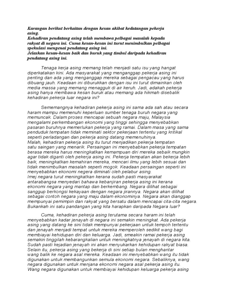Karangan Karangan Bm Kesan Kedatangan Buruh Asing