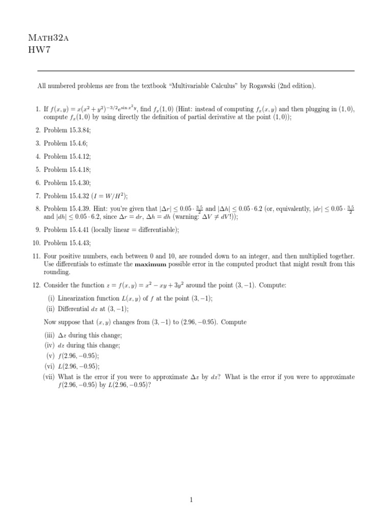Math32a HW7: Multivariable Calculus Problems | PDF