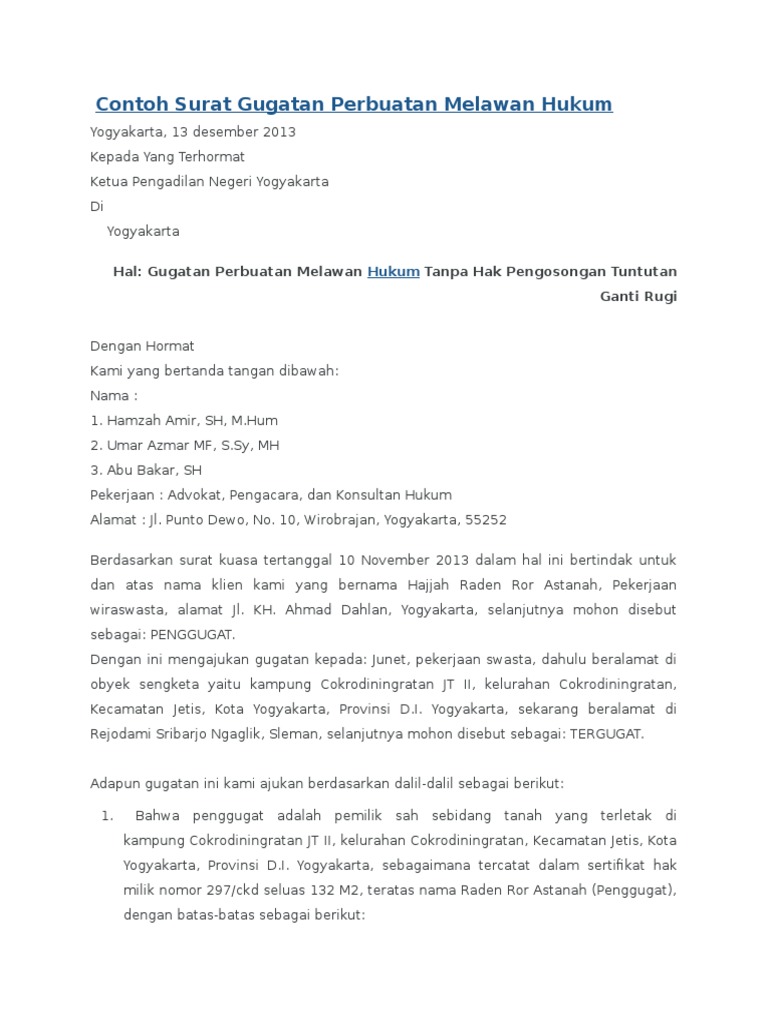 Contoh Surat Gugatan Perbuatan Melawan Hukum