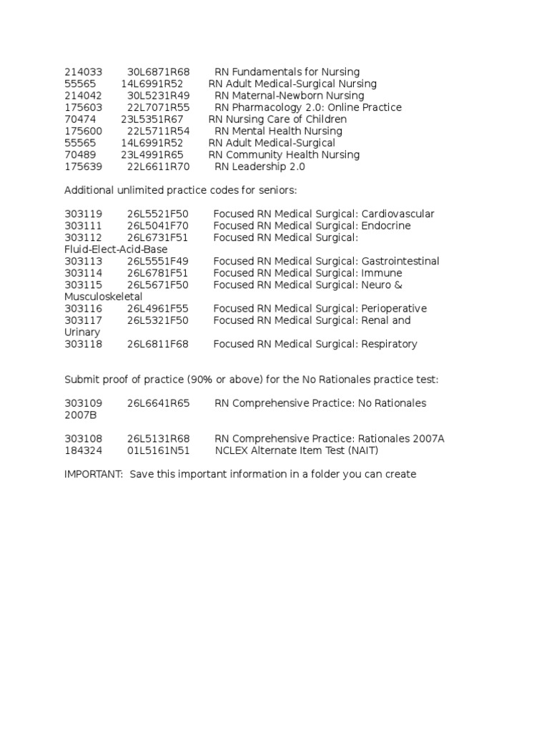 Ati Codes Cont' | PDF | Nursing | Clinical Medicine