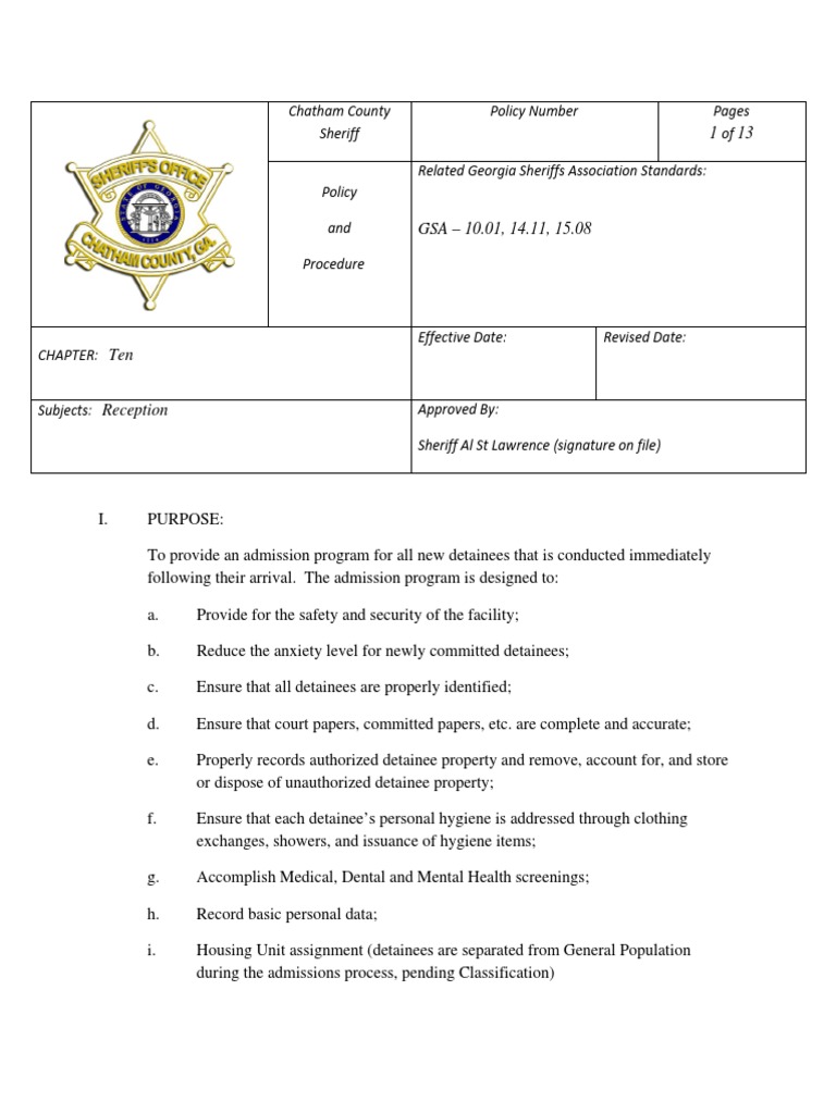 Chatham County Sheriff's Office Policy - Reception - Inmate Personal ...