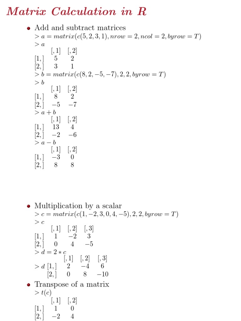 Matrix Operations and Calculations in R | PDF