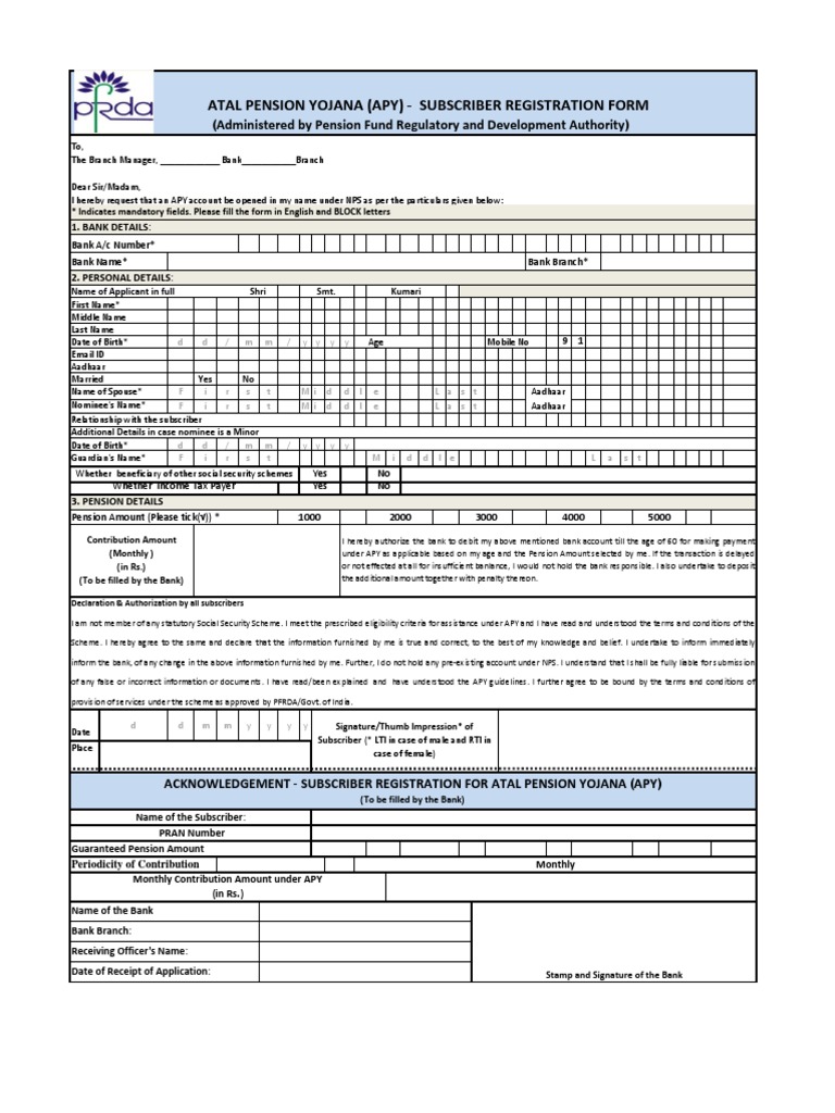 Atal Pension Yojana Application Form | PDF | Pension | Payments