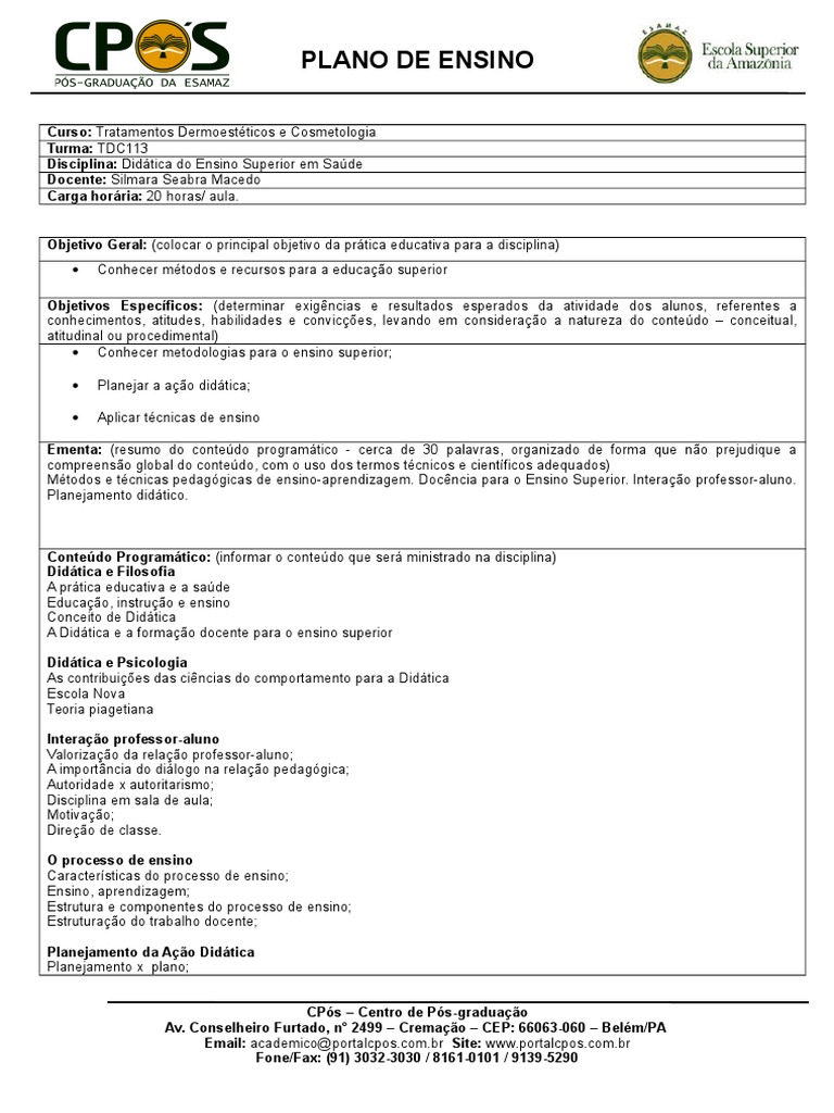 Modelo - Plano de Ensino | Lição | Pedagogia