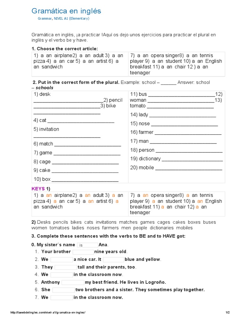 A1 Ejercicios para Practicar El Plural en Inglés y El Verbo Be y Have | PDF