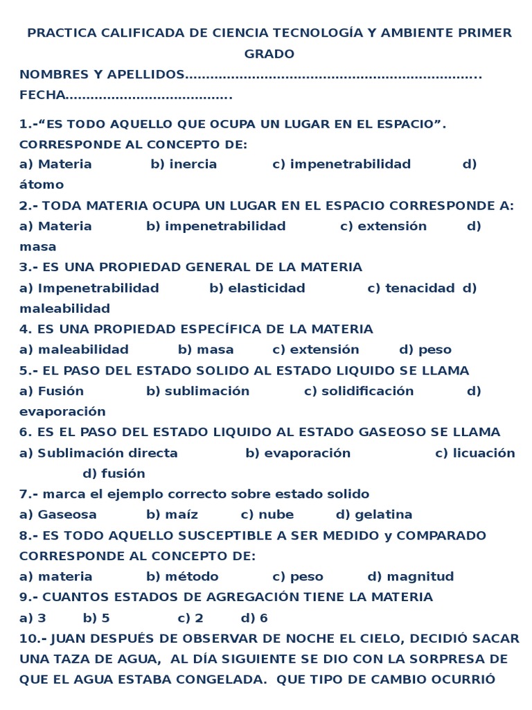 Práctica Calificada de Ciencia y Tecnología 1er Grado | PDF | Taxa ...