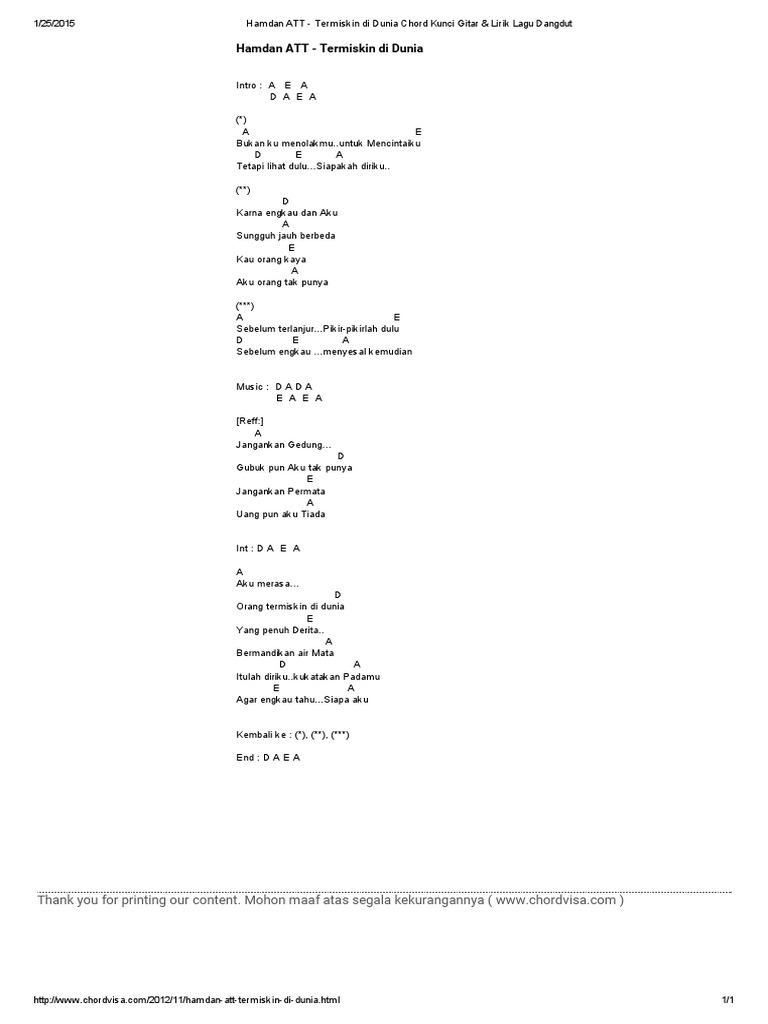 Hamdan Att Termiskin Di Dunia Chord Kunci Gitar Lirik Lagu Dangdut