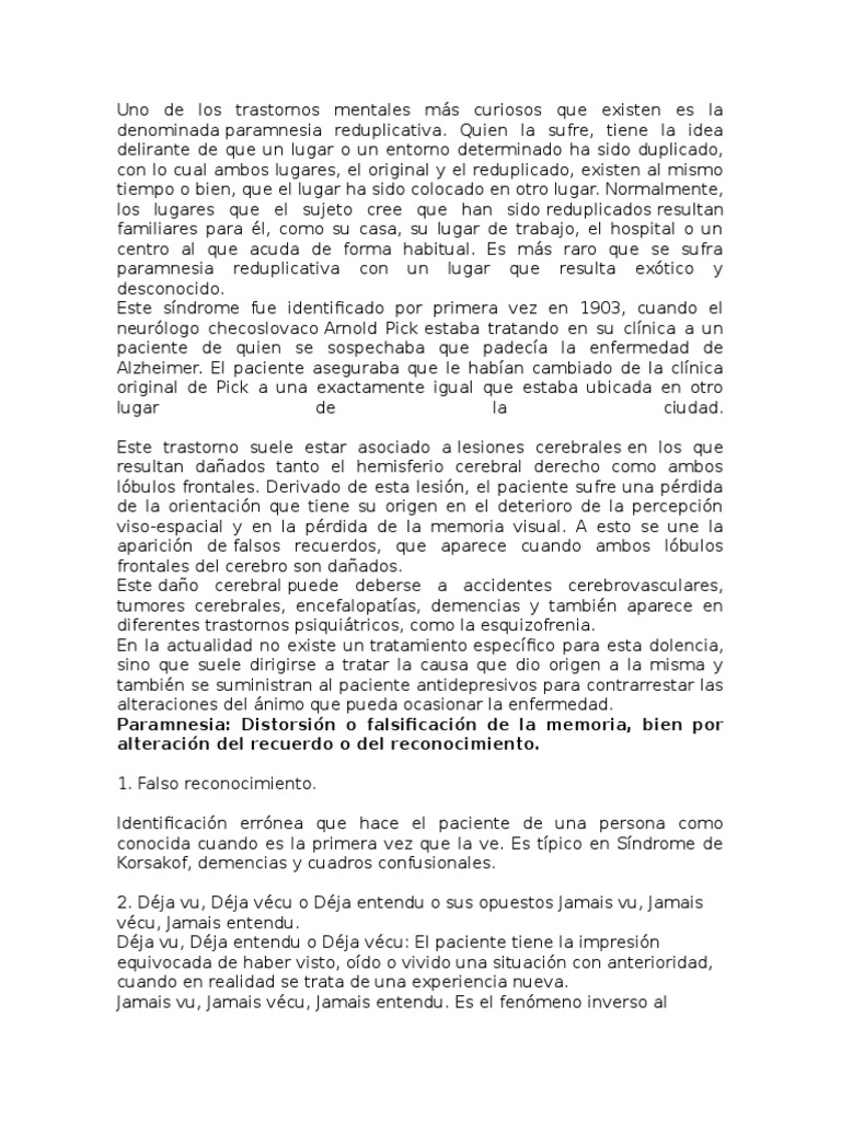 Paramnesia reduplicativa: definición y causas | PDF | Campos ...