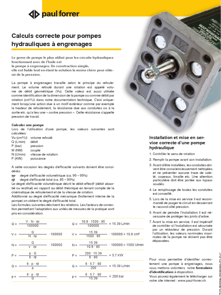 Calculs pour pompes à engrenages PDF Pompe Pression — free download