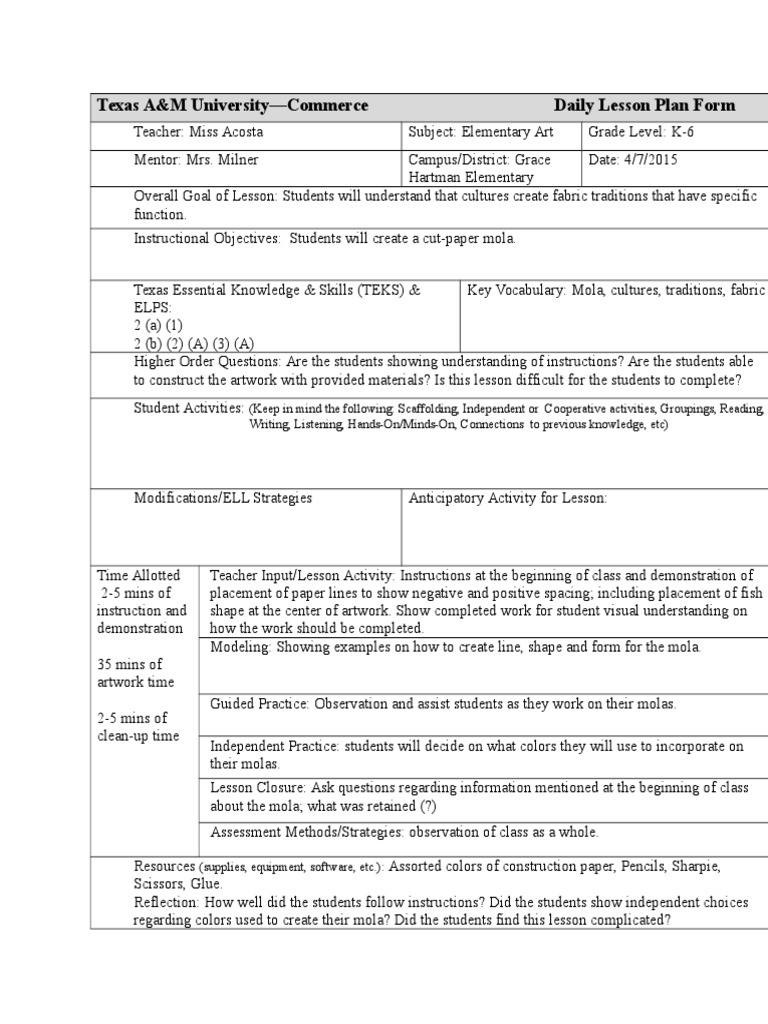 Texas A&M University-Commerce Daily Lesson Plan Form | PDF | Language ...