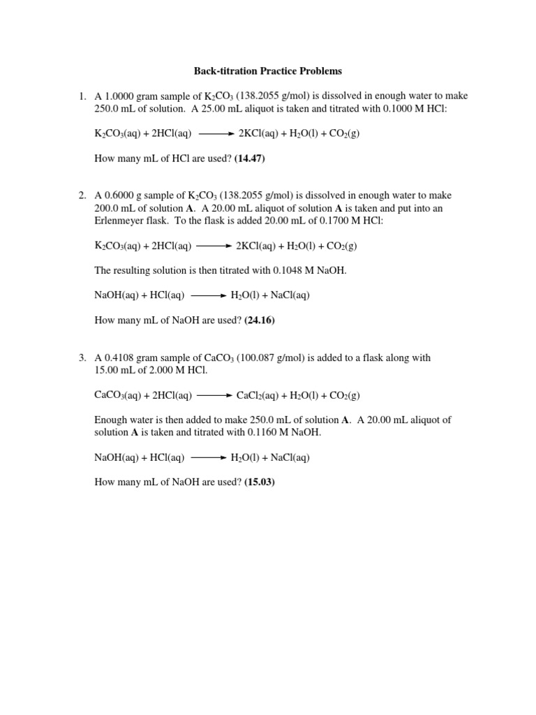 BackTitration Practice Problems PDF