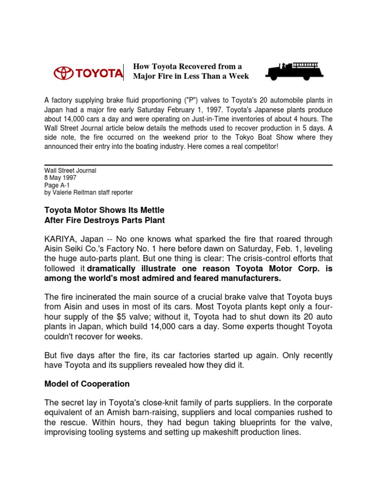 Toyota's Rapid Recovery from Fire Crisis | PDF | Toyota | Industries