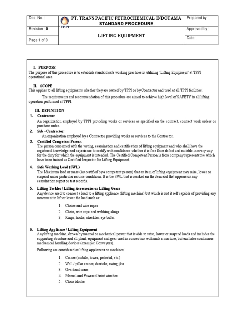 LIFTING EQUIPMENT PROCEDURE.pdf Crane (Machine) Business