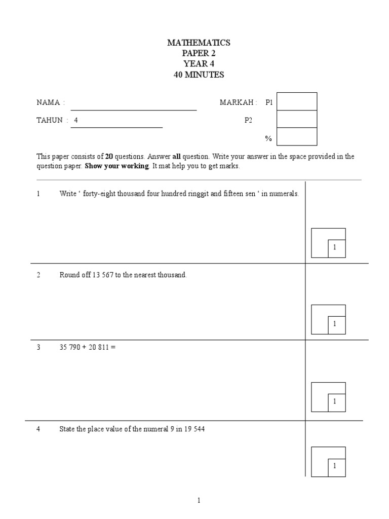 Mathematics Year 4 Paper 2 | PDF | Teaching Methods & Materials | Home ...