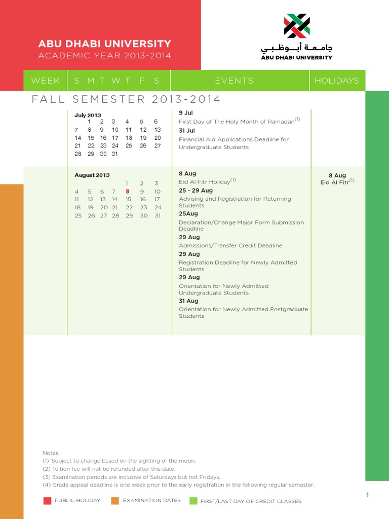 FALL SEMESTER 20132014 Abu Dhabi University PDF Academic Term