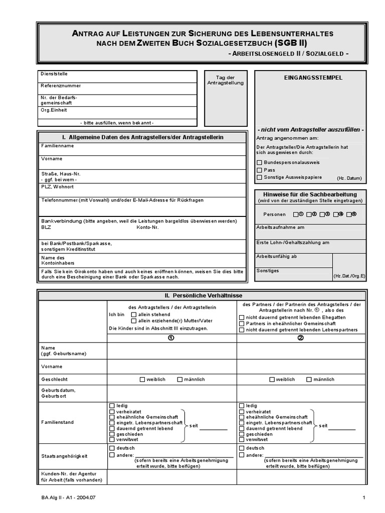 Hartz IV - Arbeitlosengeld 2 - Antragsformular | PDF