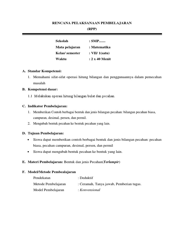Rpp Matematika Berkarakter Bilangan Bulat Dan Pecahan 1
