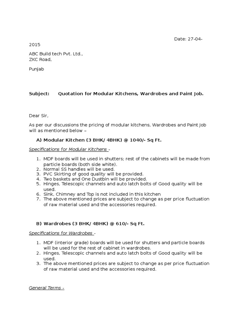 Subject Quotation For Modular Kitchens, Wardrobes and Paint Job PDF