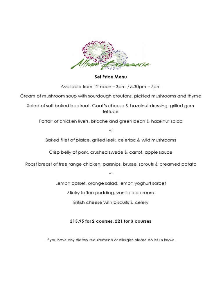 Set Price Menu: 2 or 3 Courses Available | PDF