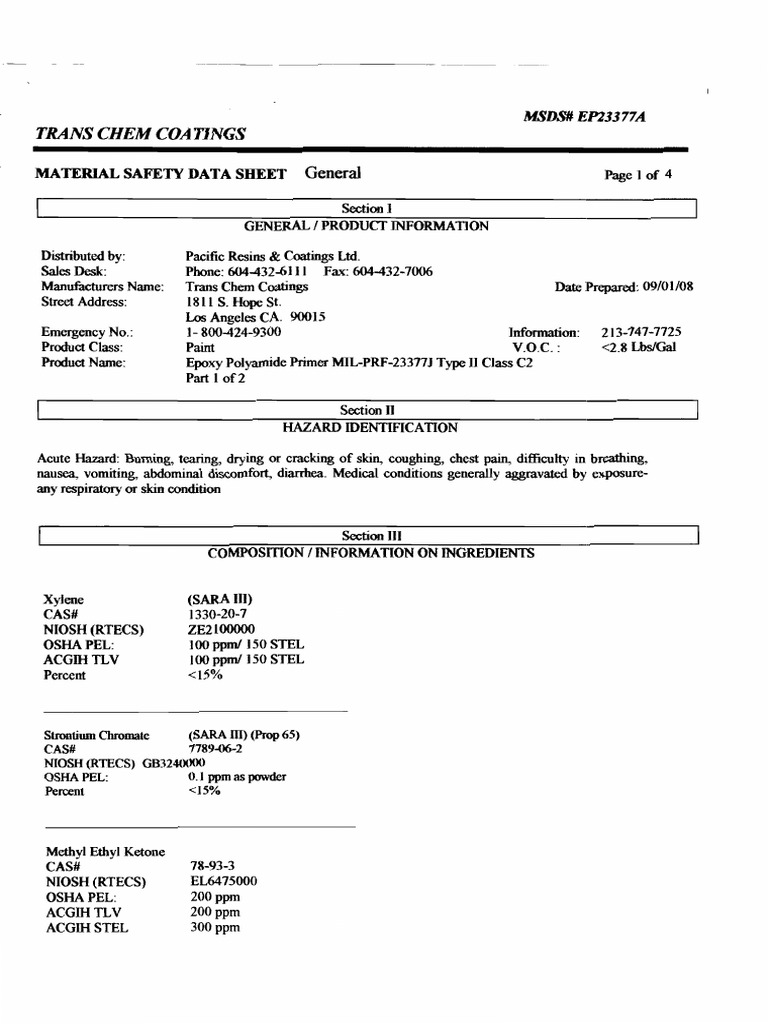 Msds EPOXY PRIMER MIL-P-23377 PDF | PDF