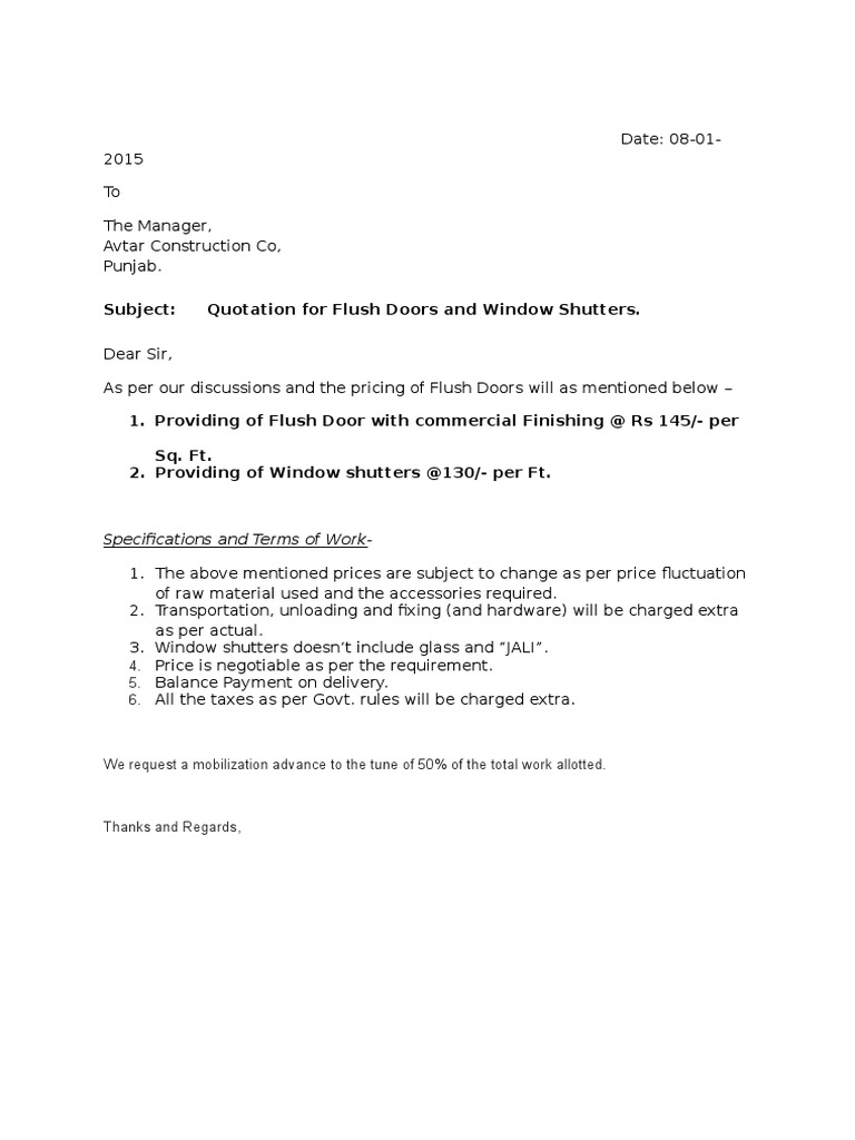 Subject Quotation For Flush Doors and Window Shutters. Specifications