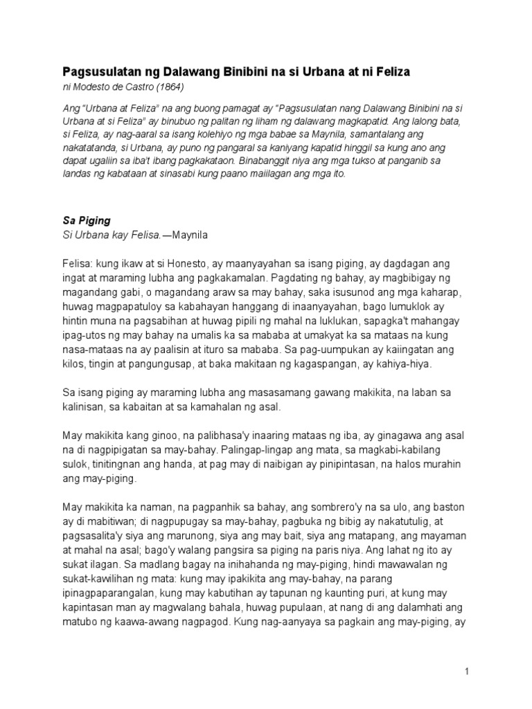 Pagsusulatan NG Dalawang Binibini Na Si Urbana at Ni Feliza | PDF