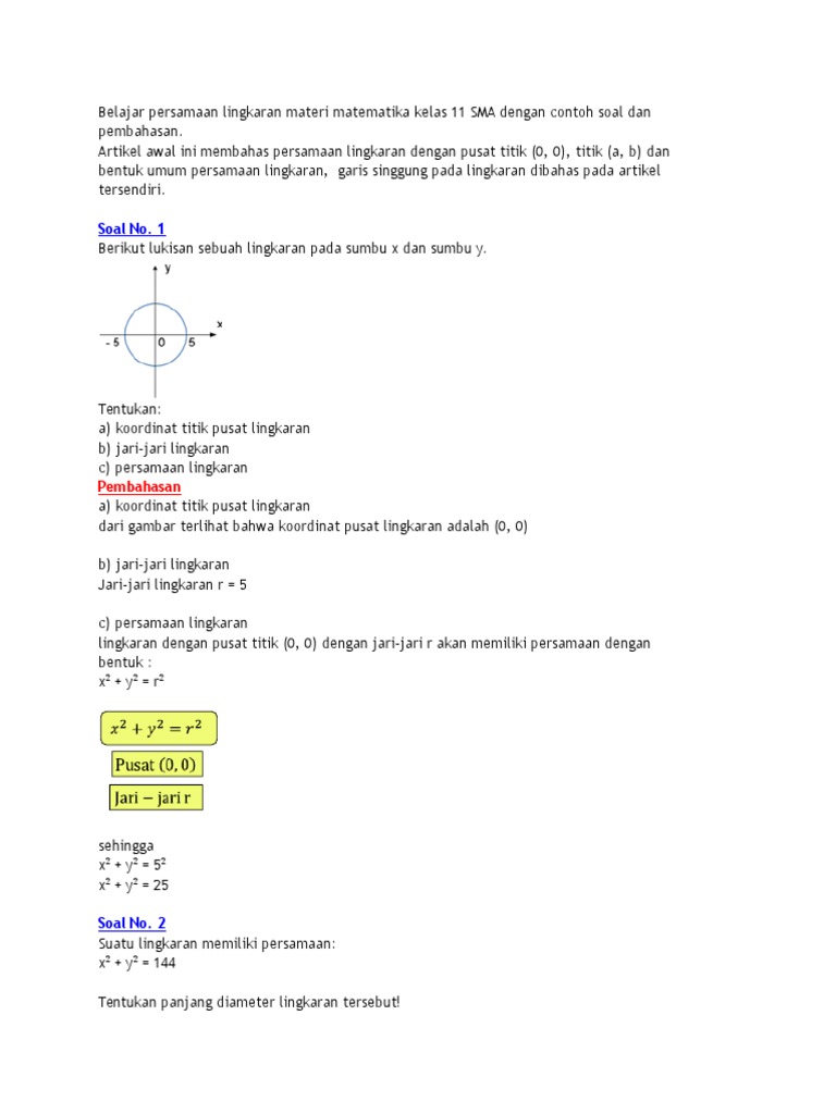 Belajar Persamaan Lingkaran Materi Matematika Kelas 11 Sma Dengan Contoh Soal Dan Pembahasan